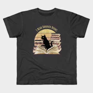 Black Cat reading a banned books, watercolor sunset style, flowers growing from book, cats and books lovers Kids T-Shirt